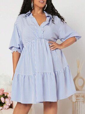 Shein Curve 2XL Blue White Striped Ruffle Dress Tiered Casual Spring